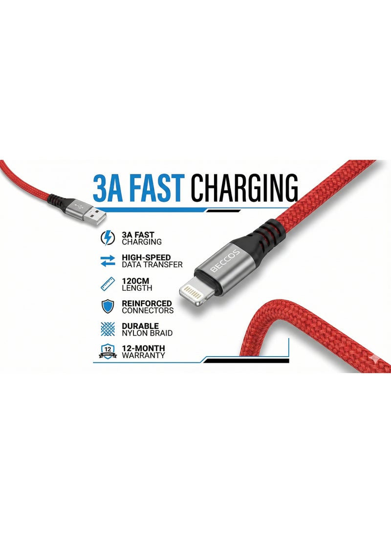 بيكوس كابل شحن سريع BECCOS USB إلى لايتنينج بطول 120 سم – قدرة 3 أمبير نقل بيانات سريع، نايلون مجدول – أحمر - Image 2